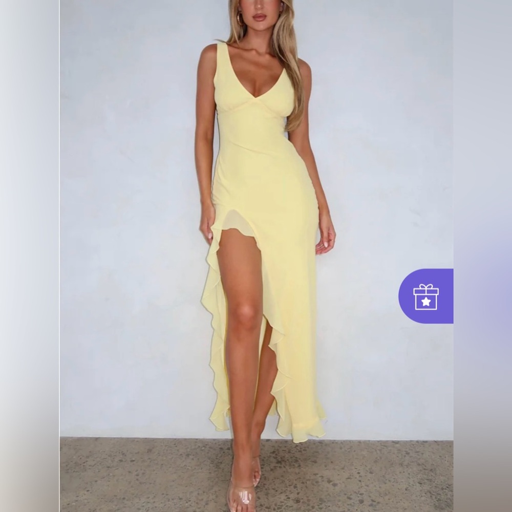NWT Chiffon Deep V Neckline Ruffle Slit Maxi Dress - Yellow